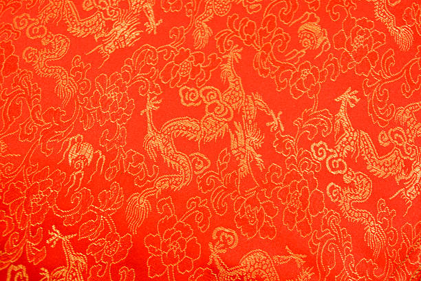 istock Texture of Red Chinese Silk with Dragons and Flowers Pattern 498404317