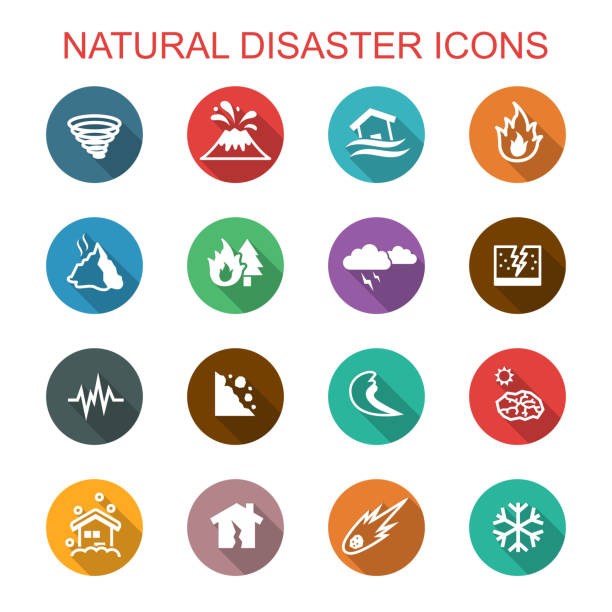 ilustraciones, imágenes clip art, dibujos animados e iconos de stock de catástrofe natural long shadow iconos - hurricane storm wind disaster