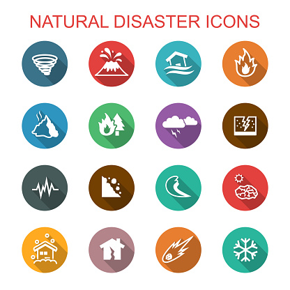 natural disaster long shadow icons, flat vector symbols
