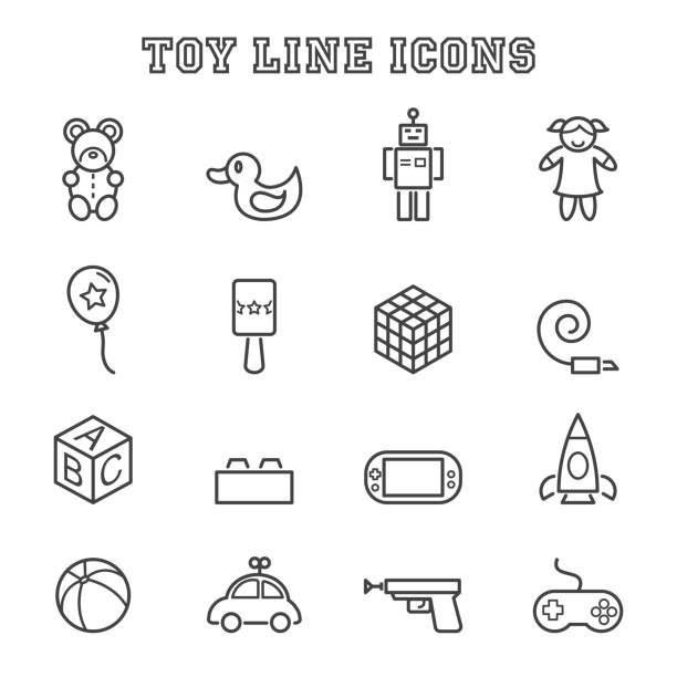 toy line icons toy line icons, mono vector symbols doll stock illustrations