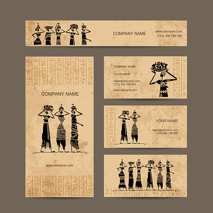 Sketch of egypt women with jugs. Business cards design, vector illustration