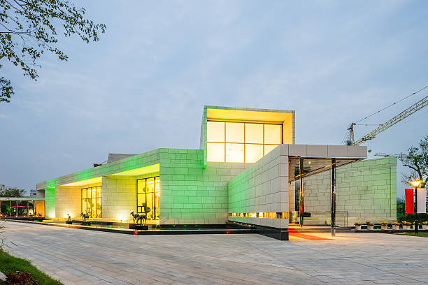 exterior of modern villa in cloudy sky