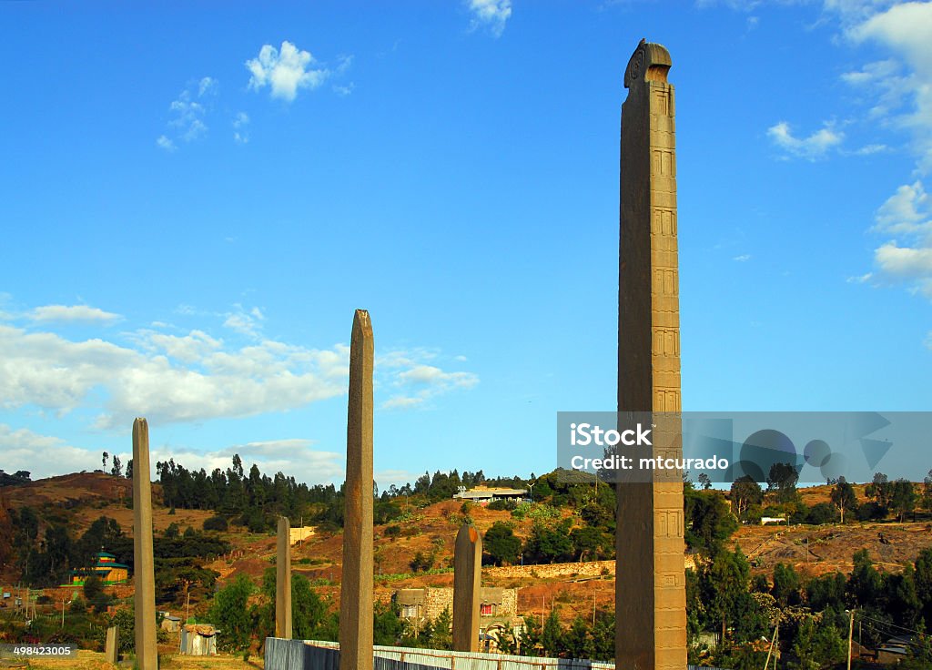 King Ezana's Stele, Northern Stelae Park, Axum, Ethiopia Axum - Mehakelegnaw Zone, Tigray Region: Northern stelae field with the King Ezana's Stele on the right - stele decorated with apertures resembling windows on the sides - erected in the 4th century by subjects of the Kingdom of Aksum - UNESCO World Heritage Site - photo by M.Torres Axum Stock Photo