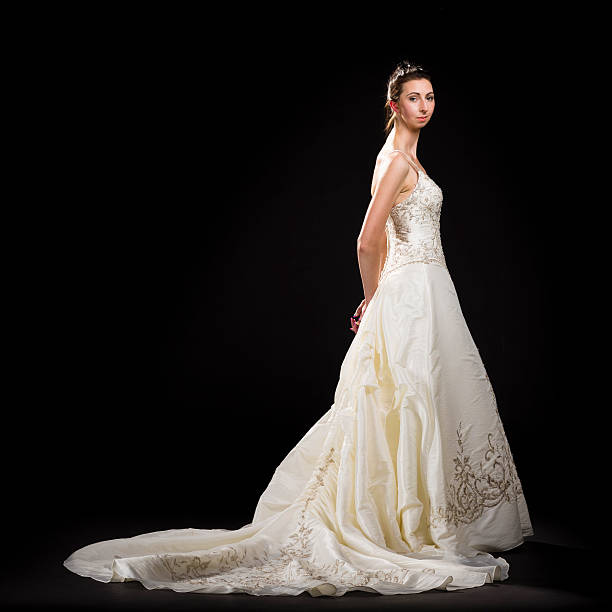 istock Bride in champagne wedding dress on black background 498423795