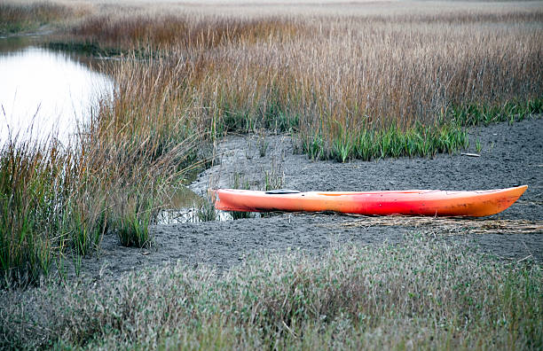 Kayak on the Salt Marsh on Bald Head Island A bright orange kayak rests on the salt marsh off the Atlantic coast: Bald Head Island. Will it be retrieved before high tide sweeps it away? bald head island stock pictures, royalty-free photos & images