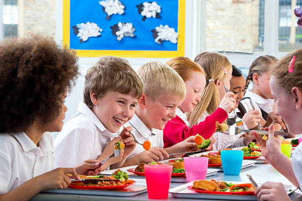 Happy school children enjoying their school dinners