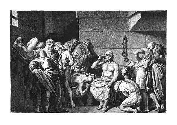 śmierć socrates (antyczny grawerunek) - death bed illustration and painting engraving stock illustrations