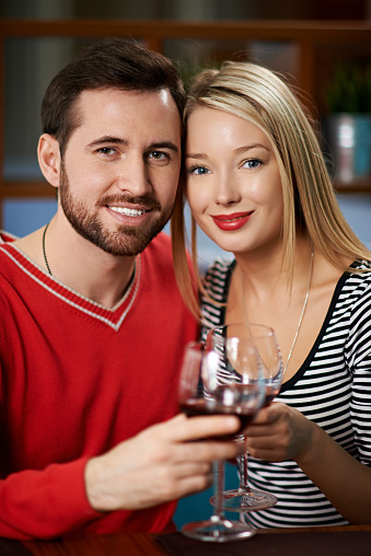 Portrait of beautiful young couple toasting with wine