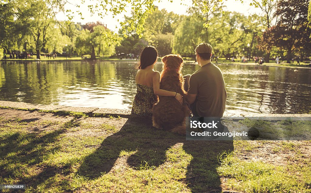 Couple with dog Young couple with dog having fun in the park. Adult Stock Photo