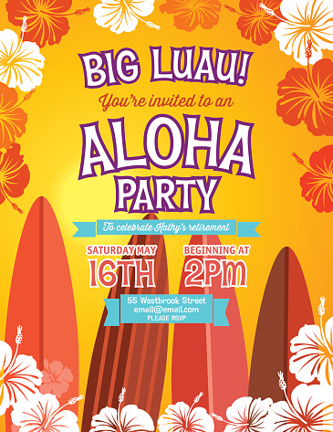 Aloha Hawaiian Luau Party vertical Invitation With Hibiscus Flowers.  Summer Beach Party Invitation With the hibiscus flowers done in orange and red forming a framed border vertical template on a white background. The green text is written in the middle with four partial surf boards underneath.