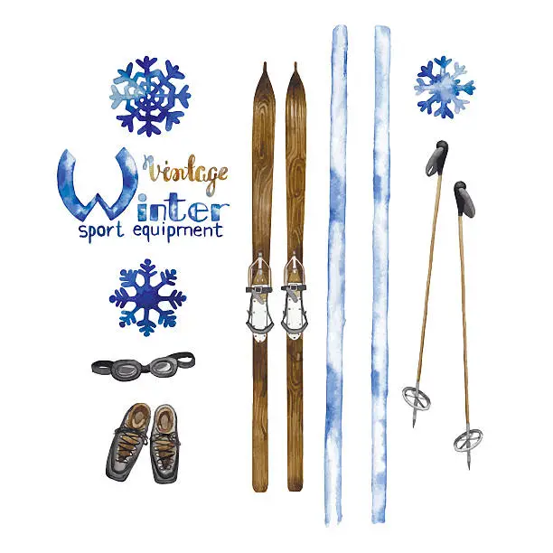 Vector illustration of Set of vintage ski equipment