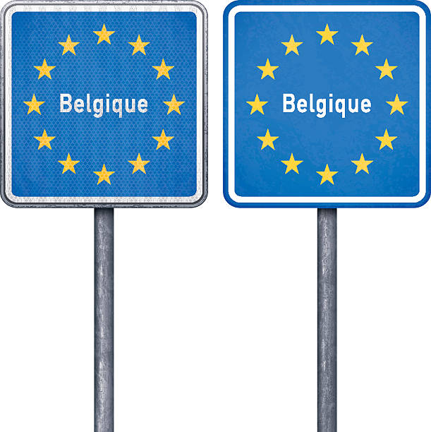 belgische border road sign mit eu-flagge - passport sweden customs europe stock-grafiken, -clipart, -cartoons und -symbole