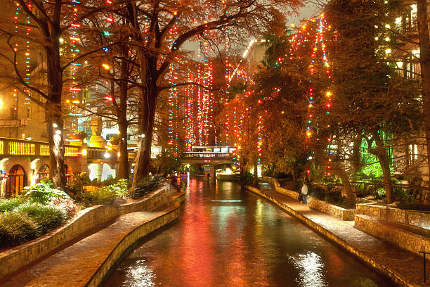 River walk  in San Antonio city  at holiday season stock photo