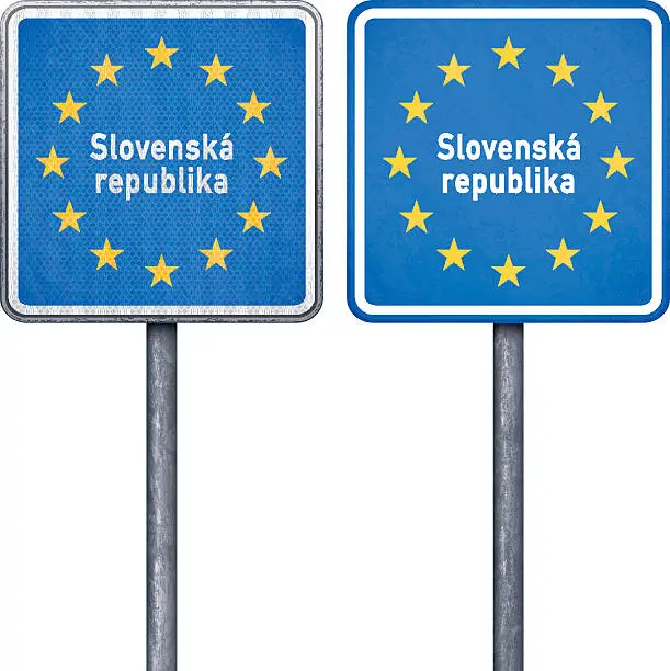 Vector illustration of Slovak republika border road sign with European flag