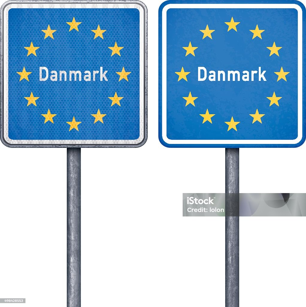 Danish border road sign with European flag European border traffic signs for Denmark. Two blue square road signs with yellow stars and white text mounted on steel frame with one pipe steel post. One traffic sign is retroreflective and the other standard. Photorealistic vector illustration isolated on white. Layered EPS10 file with transparencies and global colors. Individual elements and textures. Related images linked below. http://i161.photobucket.com/albums/t234/lolon5/Bordercrossing_zps6898bae7.jpg  Animal Migration stock vector