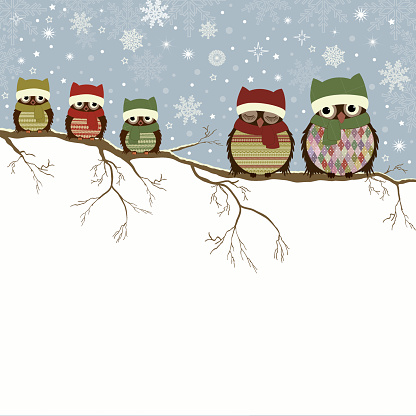 Christmas greeting card with family of owls and place for text