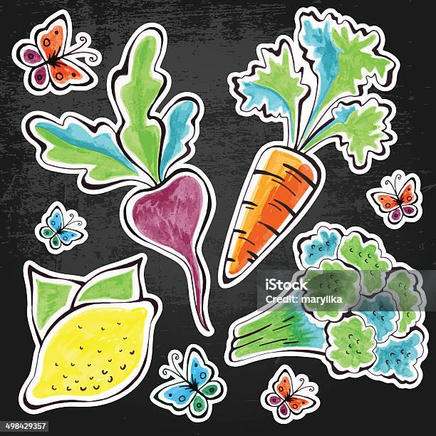 Ilustración de Watercolor Pegatinas Con Verduras On Chalkboard y más Vectores Libres de Derechos de Pintura de acuarela - Pintura de acuarela, Zanahoria, Alimento