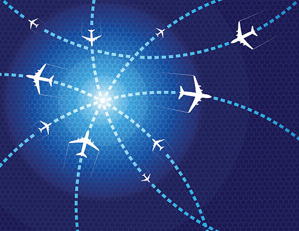 Travel airplanes Vector of crisscrossing lines of multiple passenger planes on the way to their locations with blue background. EPS10 ai file format. airplane flying cirrus sky stock illustrations