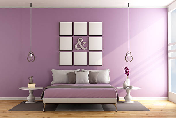 chambre moderne avec lit double - bedding cushion purple pillow photos et images de collection