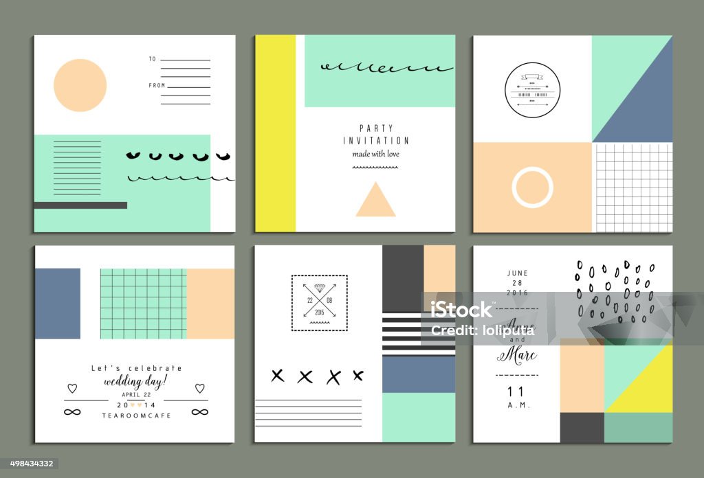 Collection of universal cards. Templates with trendy geometric shapes, patterns and colors. Wedding, marriage, bridal, birthday,  Valentine's day. Creative unusual posters. Gradients free. Isolated 2015 stock vector