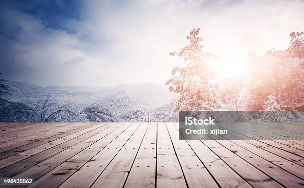 Winter Background With Empty Wooden Planks Stock Photo - Download Image Now - 2015, Backgrounds, Blue