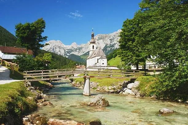 View of the historic church in Ramsau, Berchtesgaden Alps