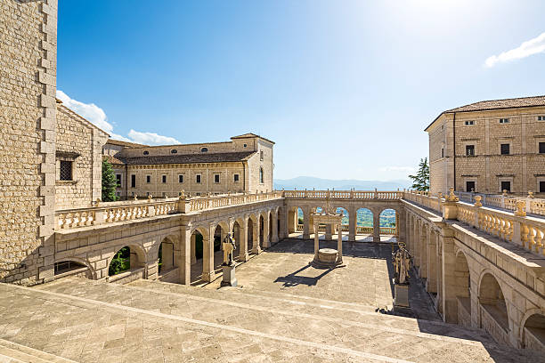 Abbey of Montecassino courtyard - Cassino in Lazio, Italy Abbey of Montecassino near Cassino in Lazio, Italy abbey stock pictures, royalty-free photos & images