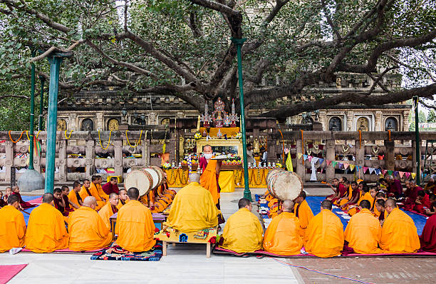 ceremony under the bodhi tree stock photo