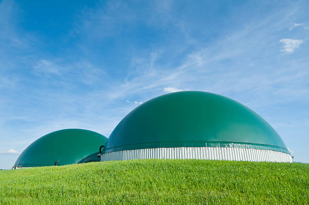 Planta de Biogas para la producción de electricidad en la agricultura - foto de stock