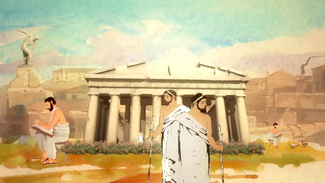 Animated Cartoon Scholars in the Parthenon in Ancient Greece in Athens