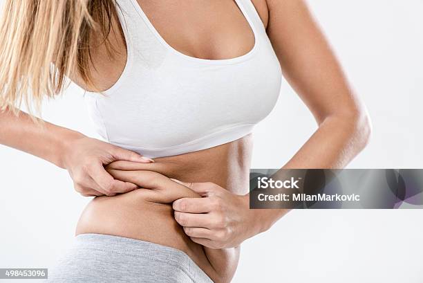 Pinching Fat Stock Photo - Download Image Now - Overweight, Human Abdomen, Pinching