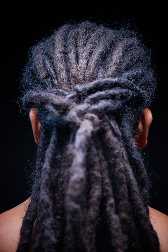 Rear view of male head with dreadlocks