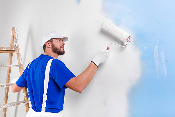 painter in white dungarees, blue t-shirt Portrait of handsome young painter in white dungarees, blue t-shirt, cap and gloves painting a wall with paint roller. house painter ladder paint men stock pictures, royalty-free photos & images