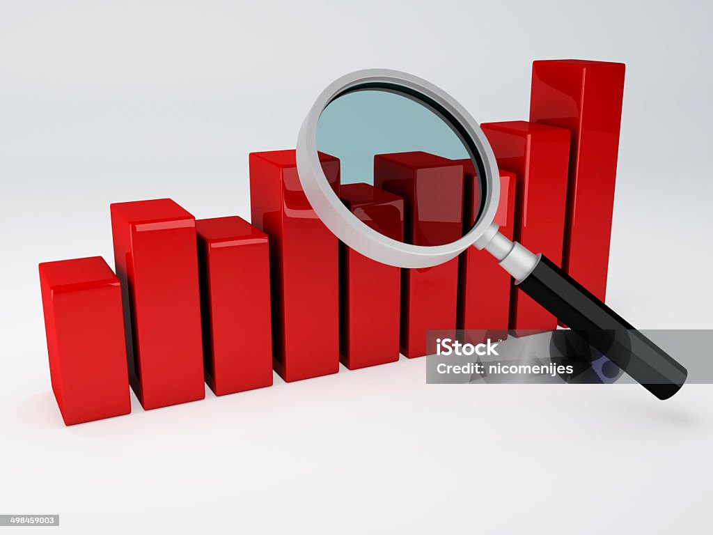 Analyzing the Economical business graph Business graph and magnifying glass 3d illustration. isolated white Analyzing Stock Photo