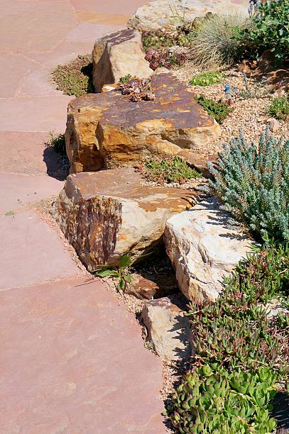 전문적이다 조경 - landscaped retaining wall stone flower bed 뉴스 사진 이미지