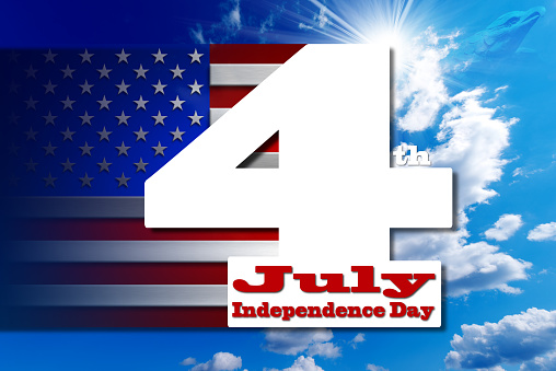 US flags on blue sky with number 4 and written July - concept of Independence Day - July 4th