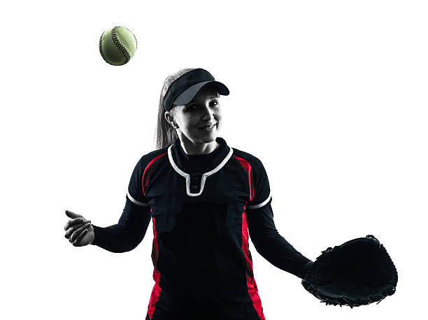 donna giocare a softball giocatori sagoma isolato - baseball practicing pitcher softball foto e immagini stock