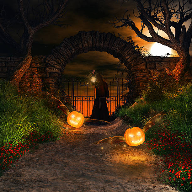 istock Dark hooded man and pumpkins 498461610