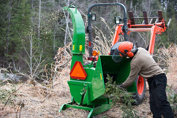 homme travaillant avec broyeur de branches et de tracteur - broyeur de branches photos et images de collection