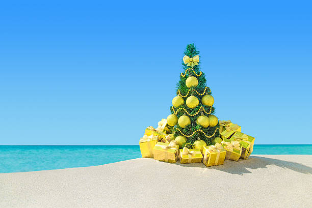 weihnachtsbaum mit geschenk-boxen mit goldenen dekor und am strand - christmas tree bead humor stock-fotos und bilder