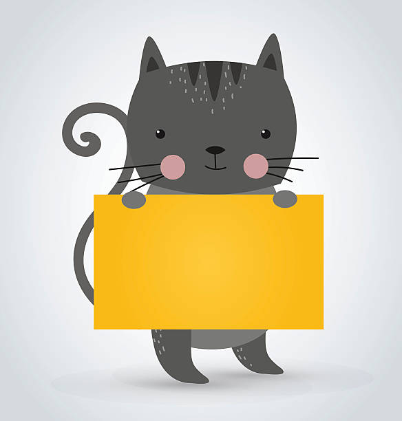 ilustrações, clipart, desenhos animados e ícones de gato animal de estimação segurando simples amarela banner de vetor de boas-vindas - house cute welcome sign greeting