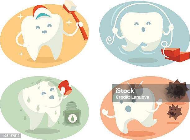 Cute Tooth In Different Situations Stock Illustration - Download Image Now - 2015, Body Care, Brushing