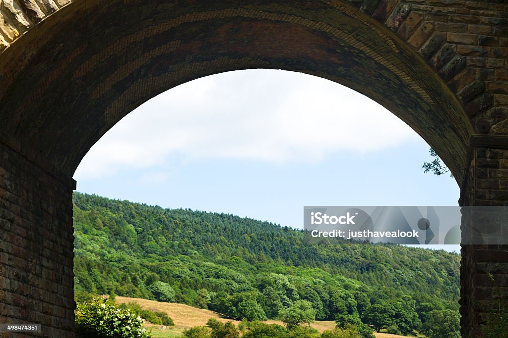 Bridge arch and landscape of Derbyshire Focus on old bridge and bridge arch with view through arch into landscape of Derbyshire in summer with green woods behind meadows. Between Bakewell and Rowsley. Bridge - Built Structure Stock Photo