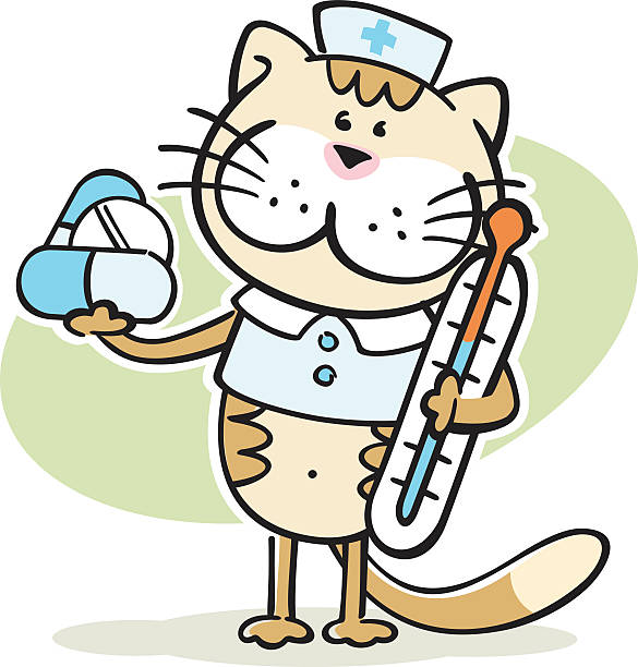 cartoon cat -  cute veterinarian character with thermometer and pills vector art illustration