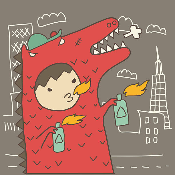 cute boy in red fire Godzilla suit colored vector cute boy in red fire Godzilla suit godzilla vector stock illustrations