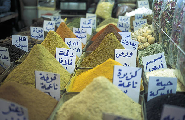 The souq or market in the medina of the old city of Aleppo in the north of Syria in the Middle East.