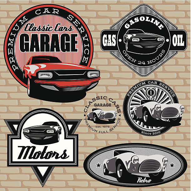 ilustrações de stock, clip art, desenhos animados e ícones de conjunto de emblemas com retro carro na parede - station retro revival gas station old
