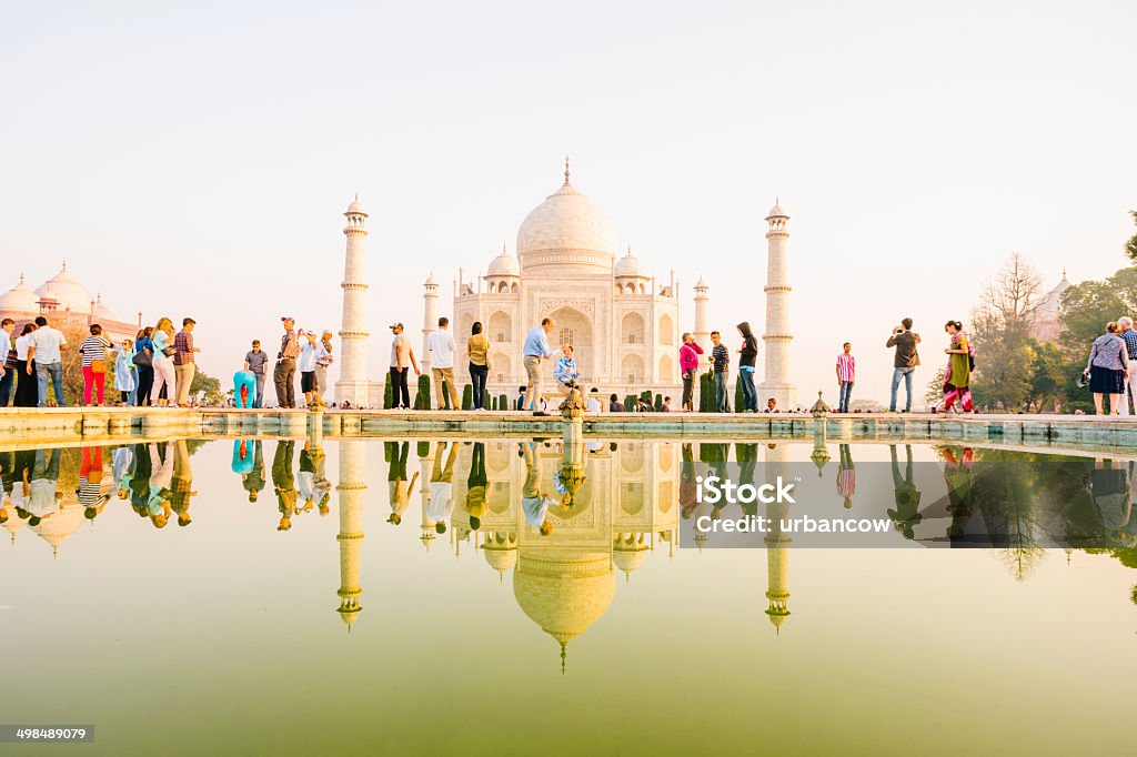 Taj Mahal reflection Tourists visit the Taj Mahal, Agra, India Tourism Stock Photo