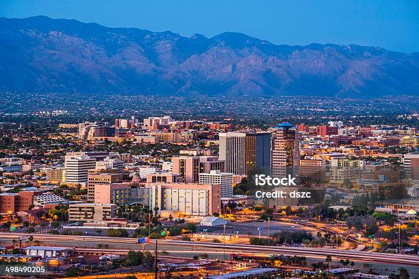 Tucson Arizona Skyline Cityscape And Santa Catalina Mountains At Dusk Stock Photo - Download Image Now