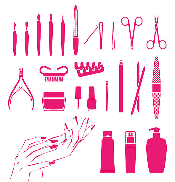 Beautiful hands and nails Vector icons of cosmetics and tools for beautiful hands and nails nail brush stock illustrations